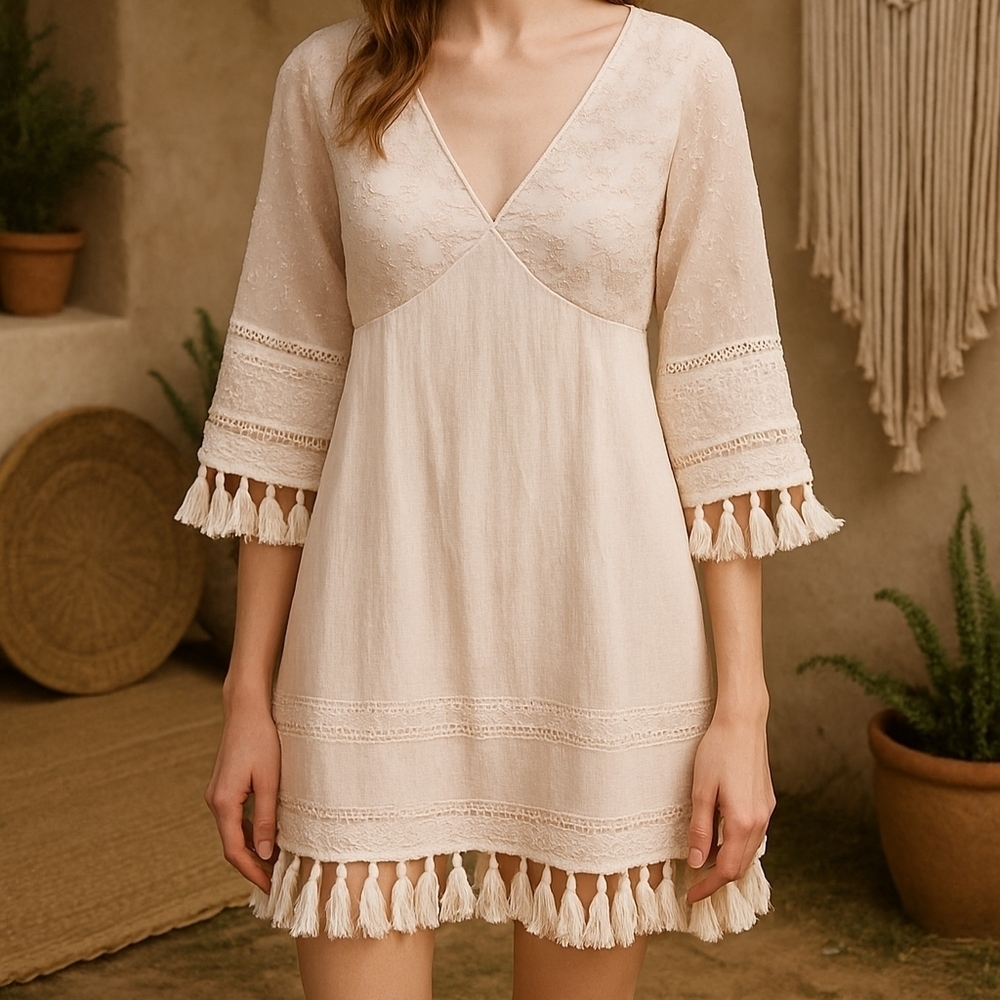 Baevely Boho Style Dress Embroidery  Lace Tassel Beach Summer Natural Cotton